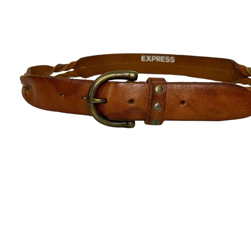 Vintage Express Brown Leather Belt Brass Buckle Mens Sz M Twisted